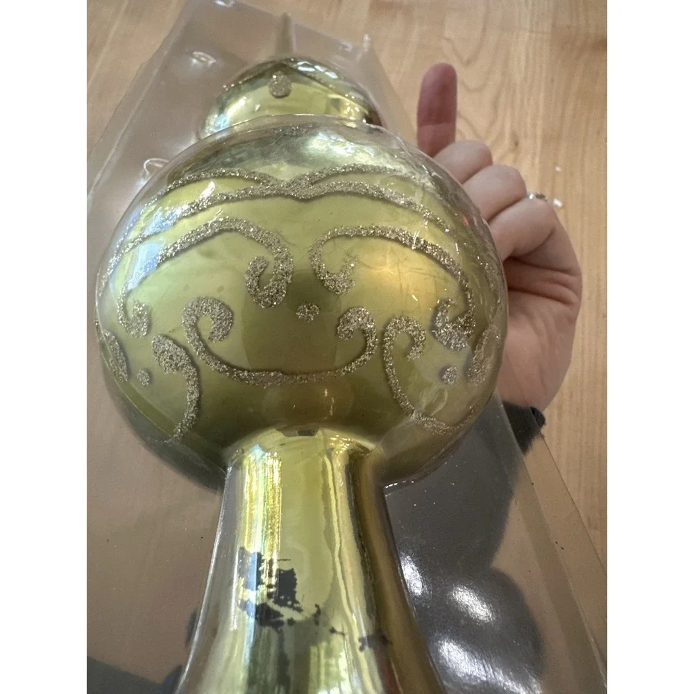 Vtg European Mercury Glass Gold Christmas Tree Topper 15in Glitter Finial 1950s